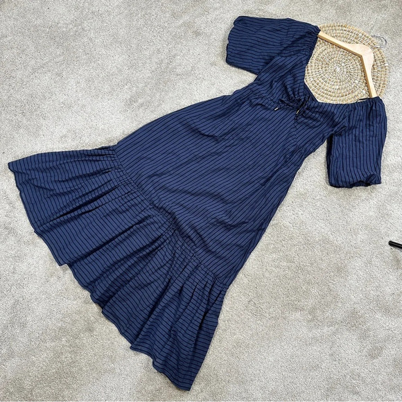 NWT MINKPINK Arielle Midi Dress Shortsleeve Striped Smocked Back Navy Black S - Picture 3 of 16